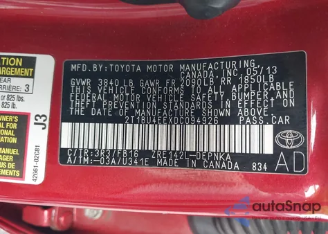 2013 Toyota Corolla Le from USA, damaged, VIN 2T1BU4EEXDC094926